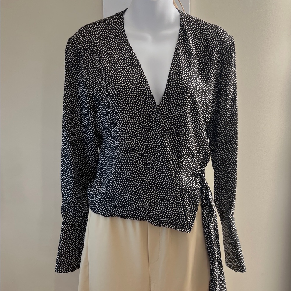 Zara Black and White Dotted Wrap Blouse